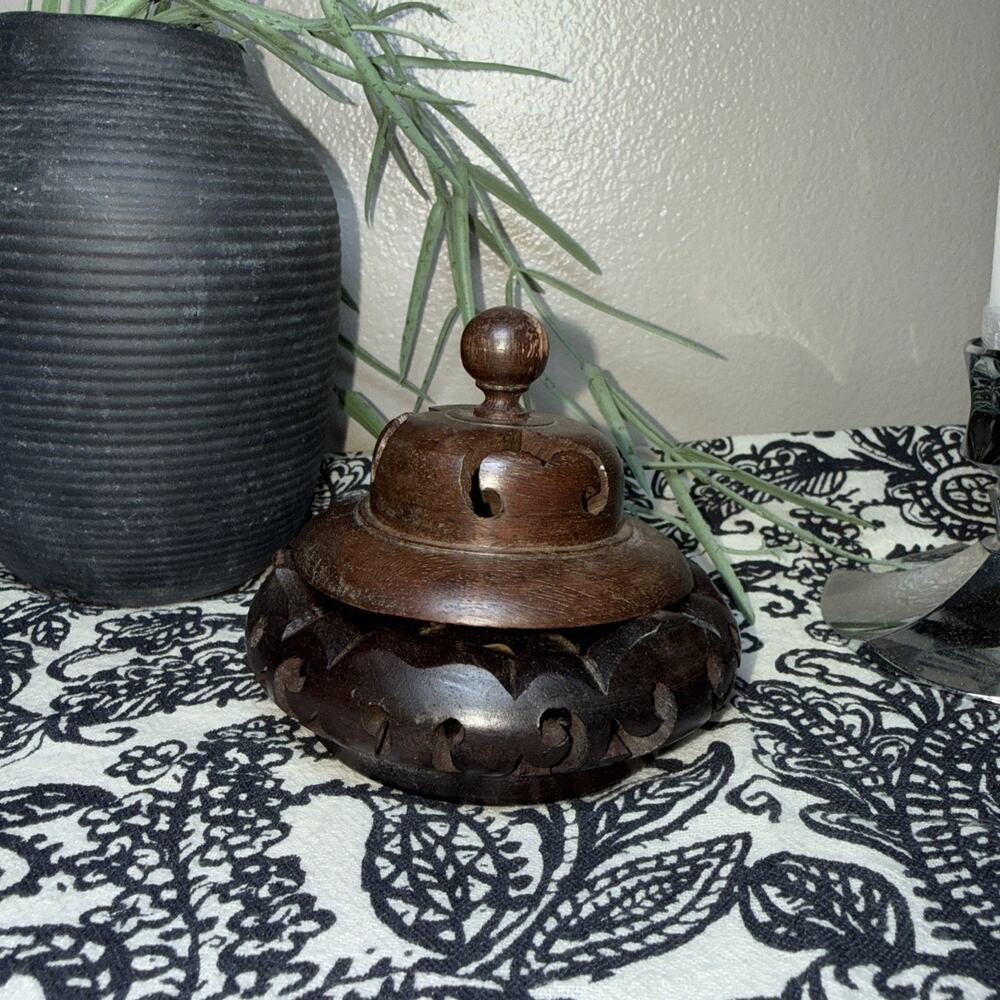 Vintage Hong Kong Carved Wood Incense Burner Censer Pierced Lid Asian Decor